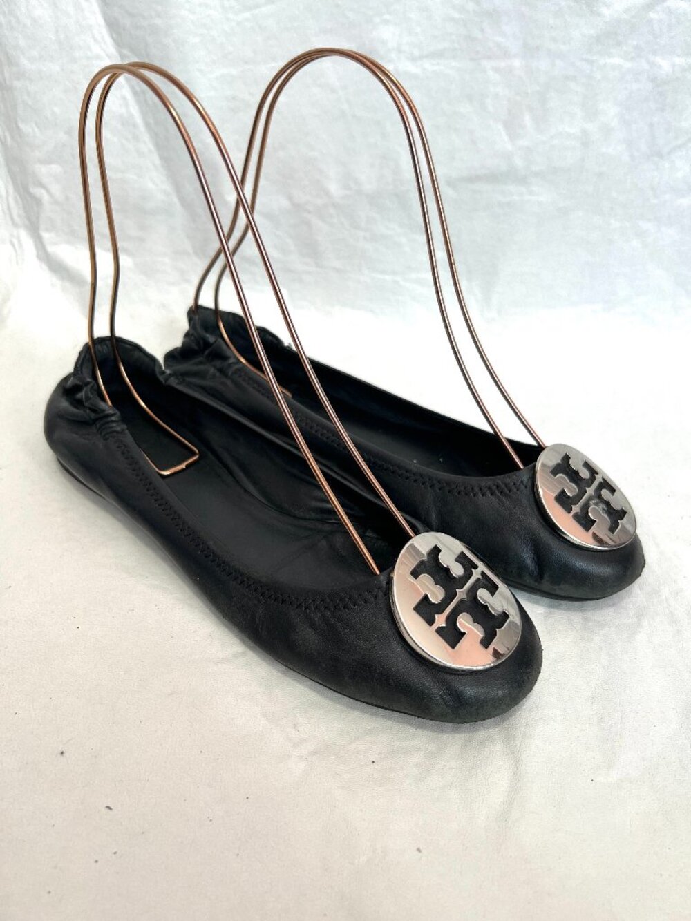 Tory Burch Ballet flats black leather Reva silver womens 7.5 slip on shoes